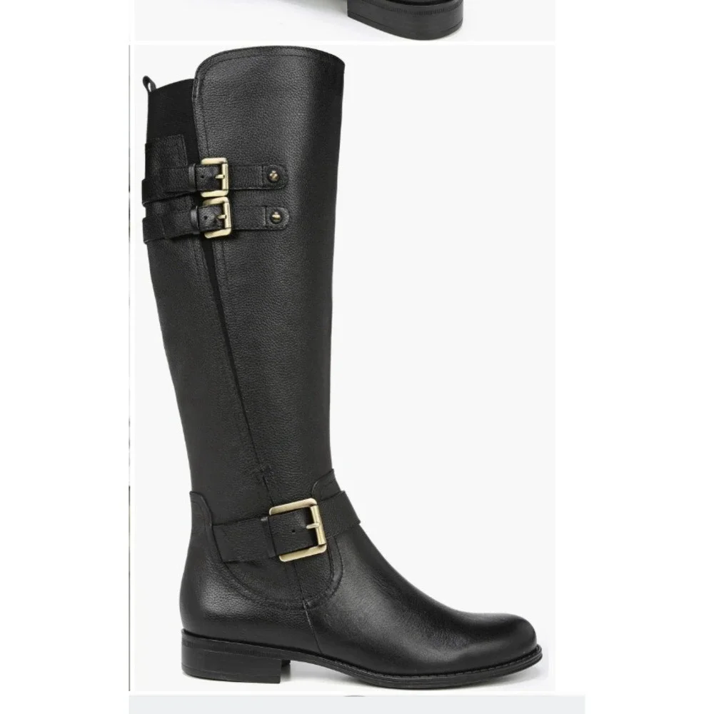 Naturalizer Knee High Riding Boots Black‎ Pebbled Leather Buckle Womens 6.5M NEW